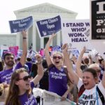 activistas y personas a favor del aborto frente a las puertas del Tribunal Supremo en Washington. EFE