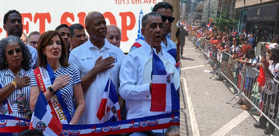 La gobernadora Kathy Hochul, el congresista Adriano Espaillat, el alcalde Eric Adams, durante la inauguración del Desfile Dominicano de Nueva York. Foto contributed