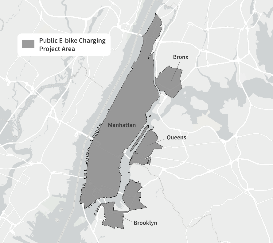 La mayor parte de Manhattan, el centro de Brooklyn, Williamsburg, Long Island City y algunas zonas del sur del Bronx se considerarán como posibles ubicaciones para el intercambio de baterías. Imagen: NYC DOT