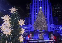 Nueva York ilumina famoso árbol navideño de Rockefeller Center El árbol de Rockefeller Center fue encendido el jueves en una ceremonia grandiosa con música, baile y miles de asistentes. Foto EFE