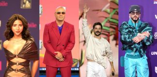 Ángela Aguilar, Wisin y Camilo en la gala Premios Juventud Los cantantes, izq-der, Ángela Aguilar, Wisin, Camilo y Yandel quienes actuarán en la primera gala en Europa de los Premios Juventud. Foto EFE