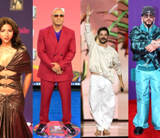 Los cantantes, izq-der, Ángela Aguilar, Wisin, Camilo y Yandel quienes actuarán en la primera gala en Europa de los Premios Juventud. Foto EFE