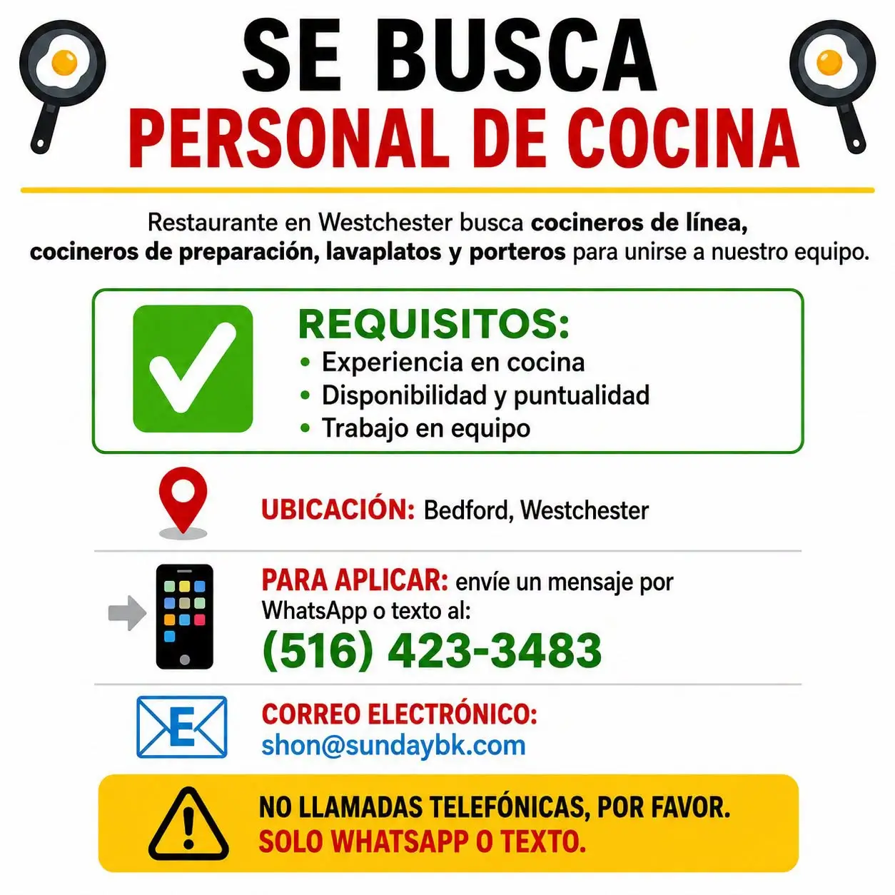 Se Se solicita Personal de Cocina en Westchester